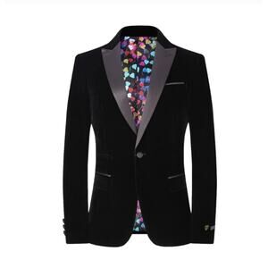 Suslo Couture Mens Black Velvet Tuxedo Coat XXL/46 Peak Lapel Slim Fit 1 Button